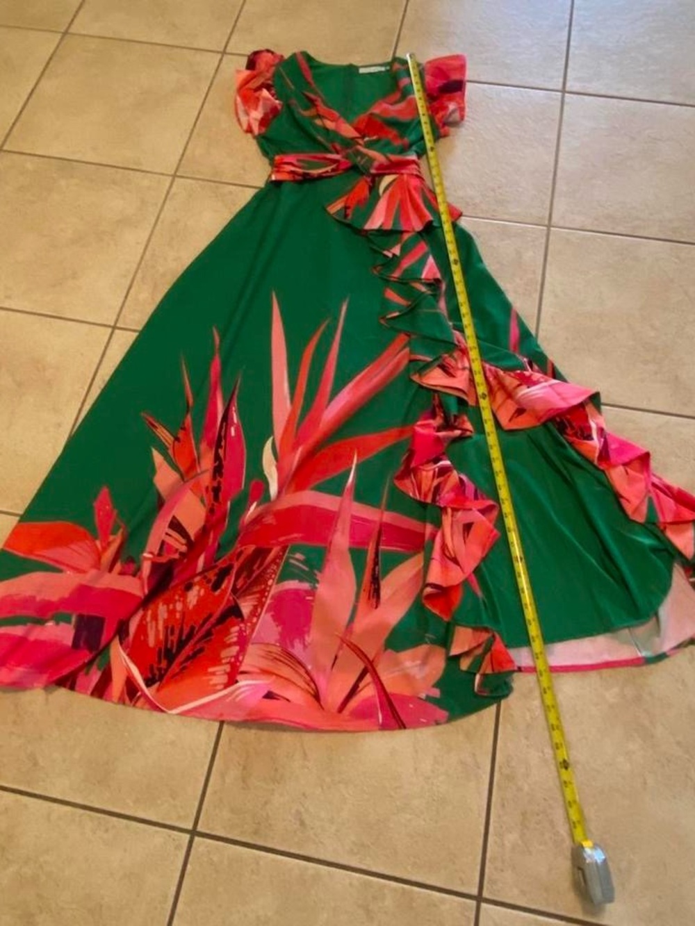 Green Floral Tie-Waist Ruffle Maxi Dress - Picture 7 of 8